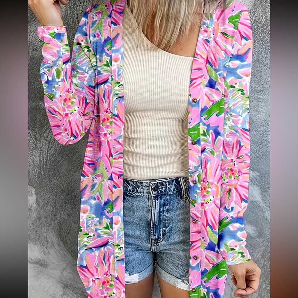 Floral Print Button Up Long Sleeve Round Neck Slight Stretch Cardigan